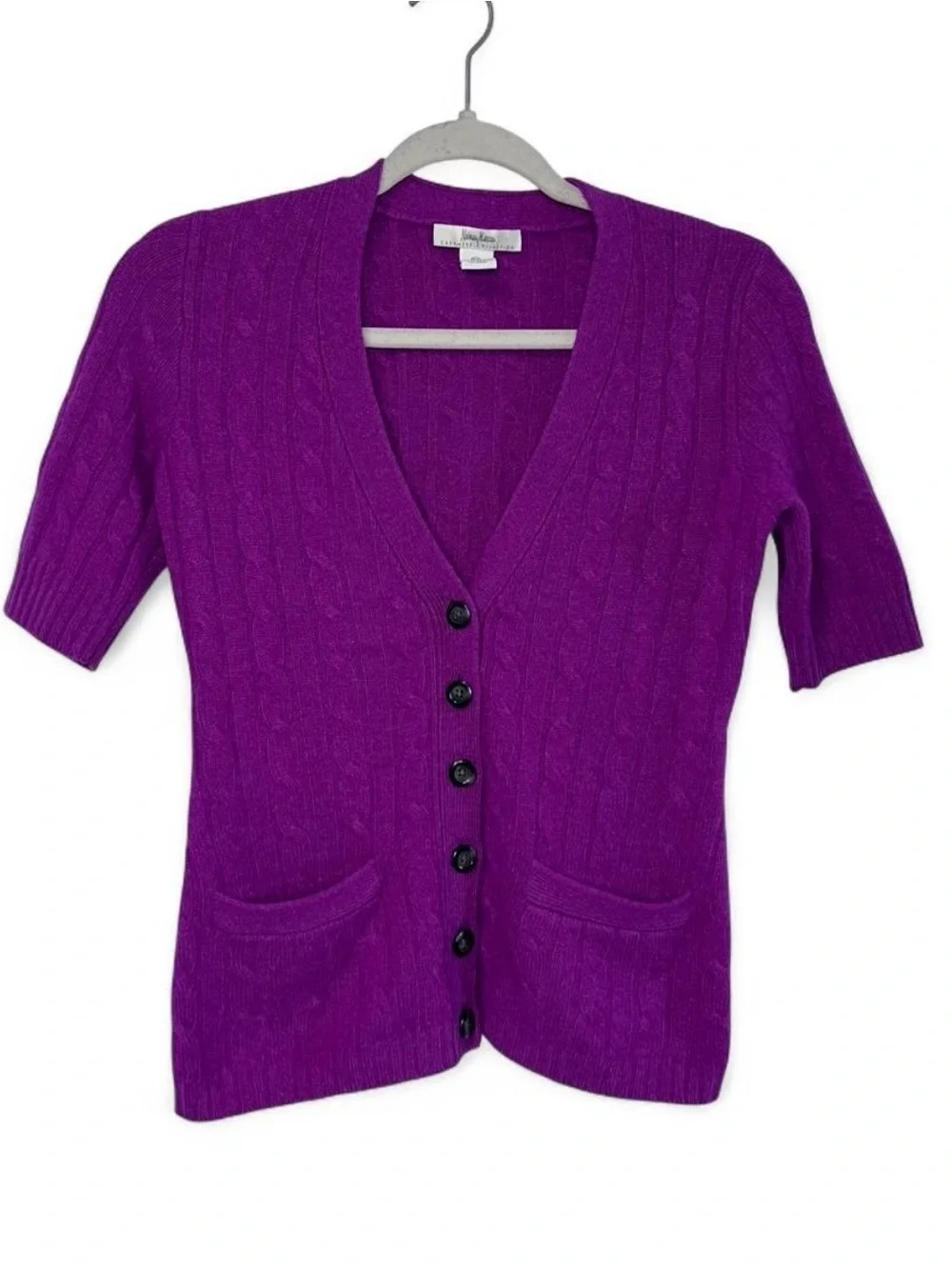 Neiman Marcus 100% Cashmere Short Sleeve Cardigan Sweater Purple XS Pocket Knit
